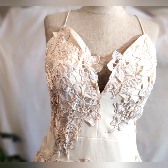 ENTRY Lace sheath Dress, long, drop back, spaghetti straps, Ivory,  Satin,  L - Picture 9 of 11